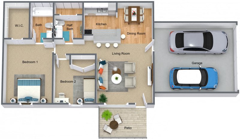 Floor plan for 2 beds, 1.5 baths, 936 sqft